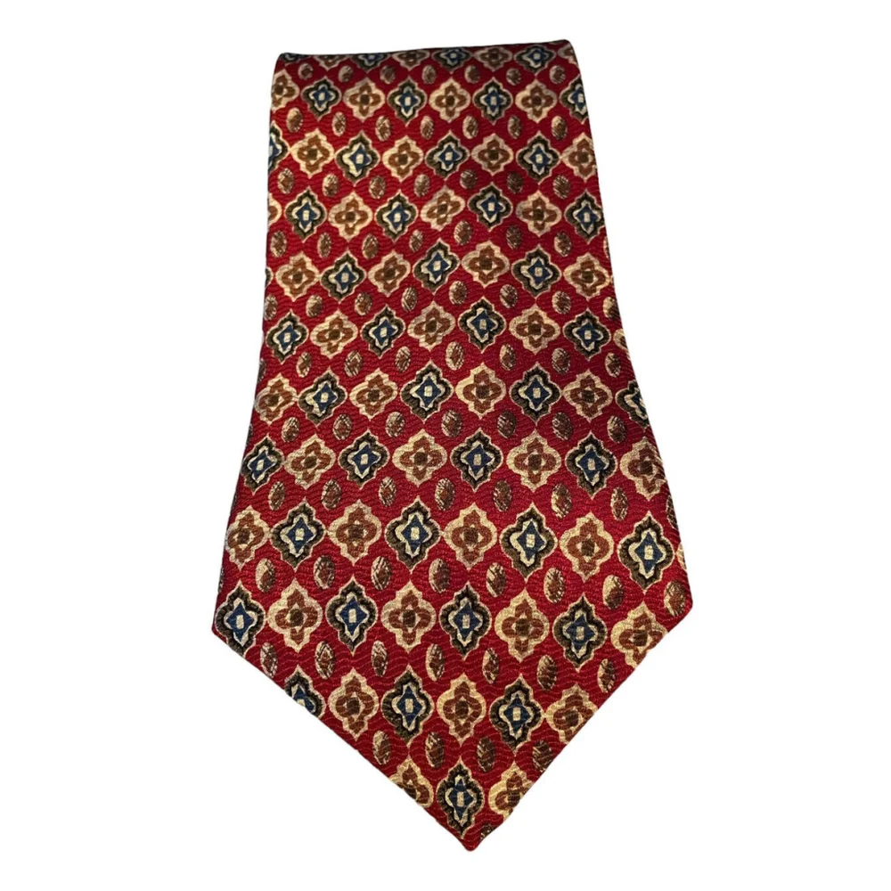 Brooks Brothers Makers Patterned Silk Neck Tie‎ Made In USA Cranberry Red Blue